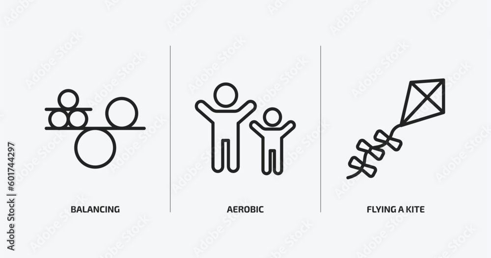 Aufkleber activity and hobbies outline icons set. activity and hobbies icons such as balancing, aerobic, flyin