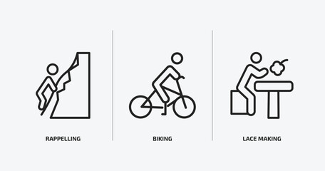 activity and hobbies outline icons set. activity and hobbies icons such as rappelling, biking, lace making vector. can be used web and mobile.