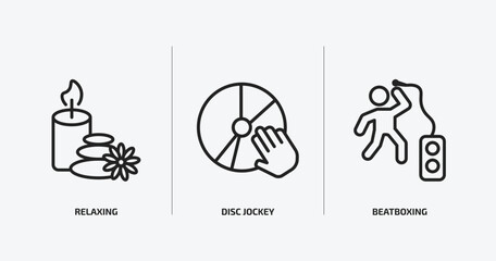 activity and hobbies outline icons set. activity and hobbies icons such as relaxing, disc jockey, beatboxing vector. can be used web and mobile.