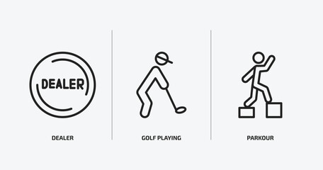 activity and hobbies outline icons set. activity and hobbies icons such as dealer, golf playing, parkour vector. can be used web and mobile.