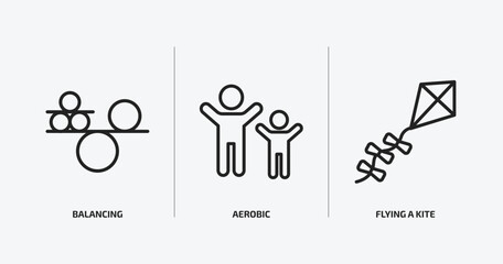 activity and hobbies outline icons set. activity and hobbies icons such as balancing, aerobic, flying a kite vector. can be used web and mobile.