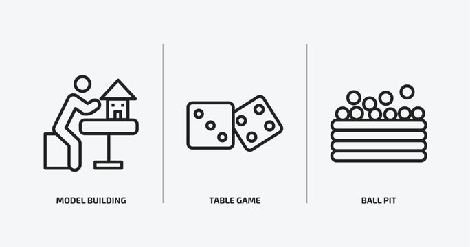 activity and hobbies outline icons set. activity and hobbies icons such as model building, table game, ball pit vector. can be used web and mobile.