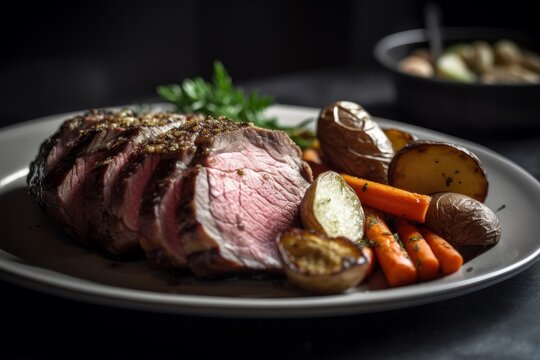 roast beef with a side of roasted potatoes and carrots on a white plate