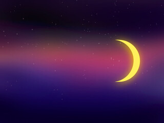 Obraz na płótnie Canvas Twilight sky with crescent moon and stars, Islamic religious concept and Ramadan Kareem, Eid al-Fitr, Eid al-Adha. Muslim holy month Ramadan Kareem festival invitation