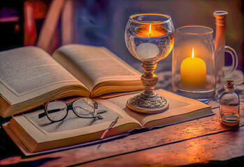 Open book next to a glass of water, glasses in the light of the candle. Generative AI.