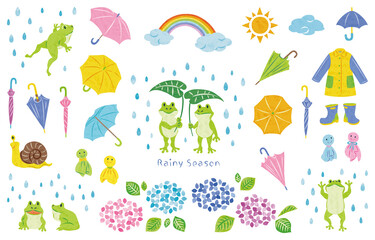Fototapeta premium ６月 梅雨 カエルや紫陽花などのイラスト素材セット