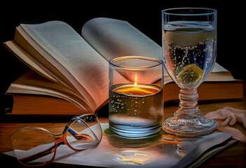 Open book next to a glass of water, glasses in the light of the candle. Generative AI.