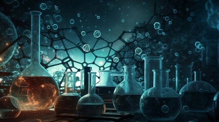 A science experiment with beakers and structures of chemistry molecule in the background. Created with Generative AI tools.