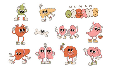 90s-00s retro Cartoon cute organ characters set. Happy healthy human organs, funny kidney, lungs and brain, stomach with faces, arms and legs. Anatomy collection vector illustration.