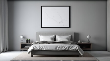 bedroom interior with empty square frame for print or poster mockup, modern gray white bedroom interior for house advertising and background Generative AI
