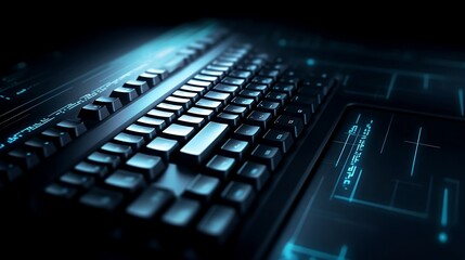 A black computer keyboard with blue lights in closeup or macro view. Created with Generative AI tools.