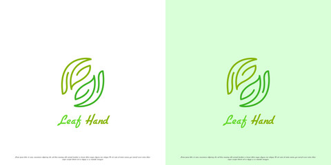 Hand leaf logo design illustration. Silhouette line art hand leaf plant tree human people nature enviromental healthy care charity body sign icon. Suitable for environmentally friendly web app icons.