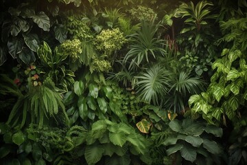 Naklejka na ściany i meble Variety of beautiful green fresh tropical lush foliage with copy space for design, AI generated