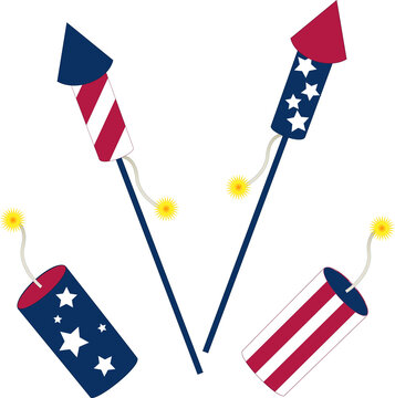 isolated illustration of fireworks in red, white, and blue with stars and stripes rockets and firecrackers