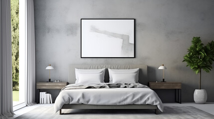 Fototapeta na wymiar bedroom interior with empty square frame for print or poster mockup, modern gray white bedroom interior for house advertising and background Generative AI