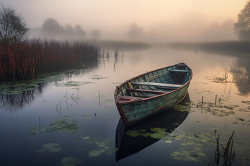 Illustration of a wooden row boat on a calm morning pond. Generative AI. 