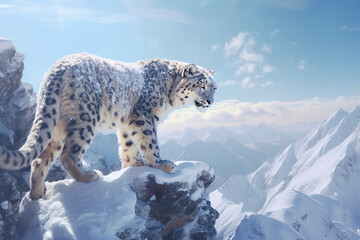Illustration of a Snow leopard in the high mountains of Asia. Generative AI. 