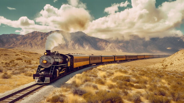 Illustration of a steam train chugging along the track in the American west.  Generative AI. 