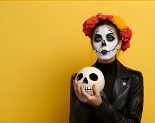 Halloween Dia De Los Muertos Celebration Background With Sugar Skull. Wide Shot Selective Focus With Copy Space. generative AI
