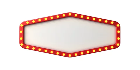 Fotobehang Retro compositie Blank retro billboard sign or blank white signboard with yellow glowing neon light bulbs isolated on white background 3D rendering