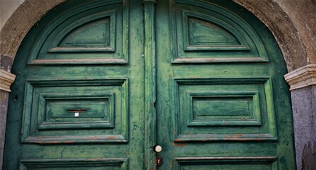 Green wooden ancient door in the house 