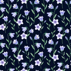 Seamless floral pattern with wildflowers blue bells on black background. Hand-drawn watercolor illustration. Summer background for fabric design, packaging, cover, scrapbooking.