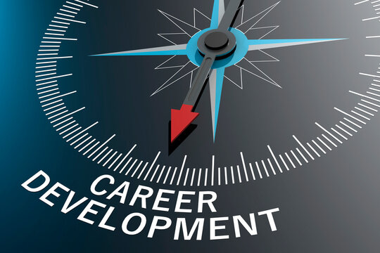 Compass needle pointing to career development word