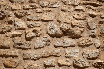 textura pared de piedra y cemento, muro antiguo de caliza, fachada de rocas