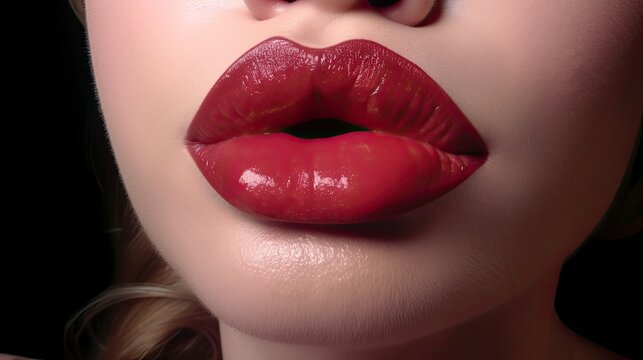 Close up sexy woman lips after lip augmentation cosmetic procedure, female lips shape modification using fillers, juicy lips with red lipstick, lip augmentation concept, generative AI