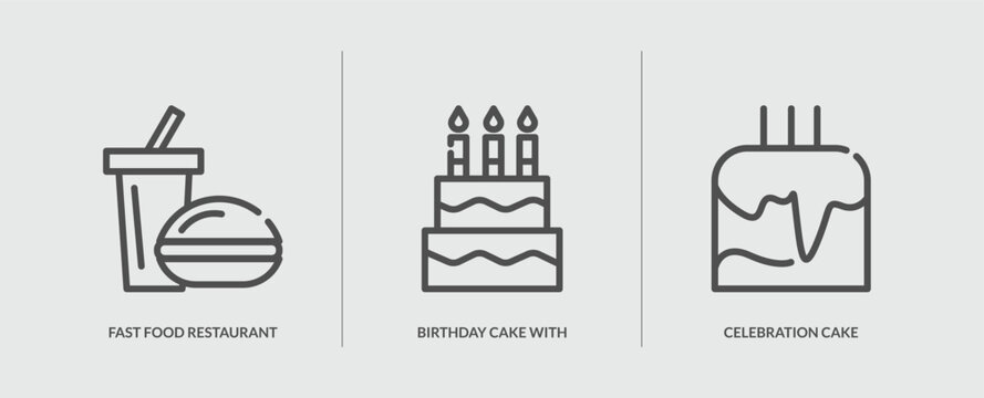 set of 3 outline icons in food concept. thin line icons including fast food restaurant thin line, birthday cake with candles thin line, celebration cake vector. can be used web and mobile.