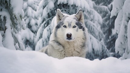 A Husky in the snowy woods.