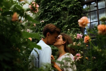 A kissing couple surrounded by lush greenery and colorful flowers (Generative AI, Generativ, KI)