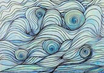 The swirling ocean. The dabbing technique near the edges gives a soft focus effect due to the altered surface roughness of the paper.