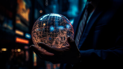 one hand holding digital glowing globe in urban environment, gerenative AI