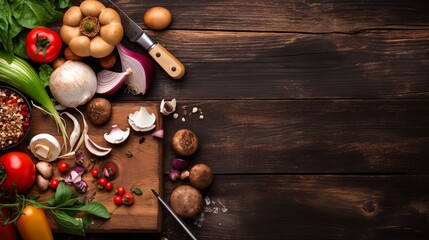 Top view of Food cooking Rustic wooden table background, ingredients for preparation vegan dishes, vegetables, root, Generative Ai