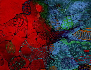Psychedelic doodle of colorful balloons. The dabbing technique near the edges gives a soft focus effect due to the altered surface roughness of the paper.