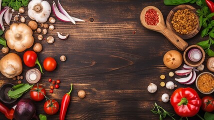 Top view of Food cooking Rustic wooden table background, ingredients for preparation vegan dishes, vegetables, root, Generative Ai