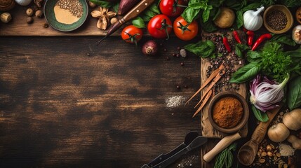Top view of Food cooking Rustic wooden table background, ingredients for preparation vegan dishes, vegetables, root, Generative Ai
