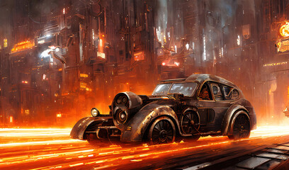 Retro car fantastic design in steampunk style, high speed with fire under wheels. Generative Ai.