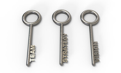 keys to success on white background. 3D illustration.