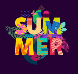 Summer concept banner. Floral lettering design with tropical leaves and patterned geometric shapes. Bright decoration inscription.Artistic typography design.