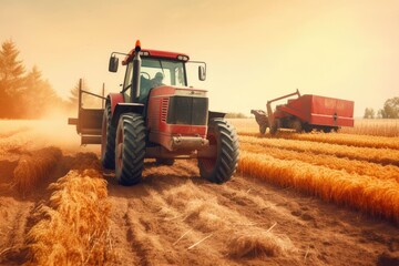 a red tractor drives through a wheat field after field work in summer. Generative AI