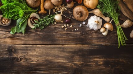 Fototapeta na wymiar Top view of Food cooking Rustic wooden table background, ingredients for preparation vegan dishes, vegetables, root, Generative Ai