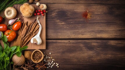 Top view of Food cooking Rustic wooden table background, ingredients for preparation vegan dishes, vegetables, root, Generative Ai