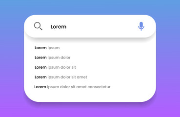 Search Bar with suggestions for UI UX design and web site. Search Address and navigation bar icon. Collection of search form templates for websites. Search engine web browser window template.