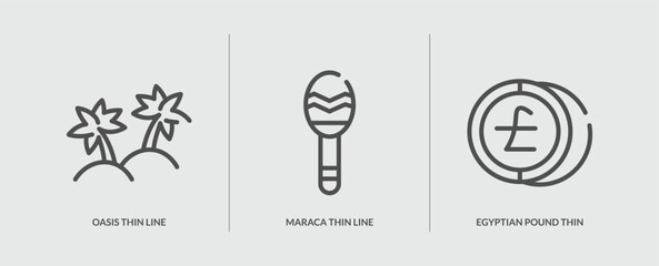 set of 3 outline icons in africa concept. thin line icons including oasis thin line, maraca thin line, egyptian pound vector. can be used web and mobile. - obrazy, fototapety, plakaty
