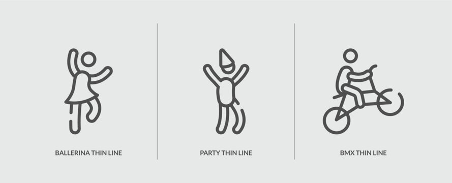 set of 3 outline icons in activities concept. thin line icons including ballerina thin line, party thin line, bmx vector. can be used web and mobile.