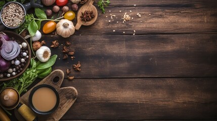 Top view of Food cooking Rustic wooden table background, ingredients for preparation vegan dishes, vegetables, root, Generative Ai