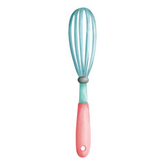 Watercolor Whisk Sign Emoji Icon Illustration in pink mint colors. Illustration painting isolated on white background. Kitchen utensils Baking utensils.