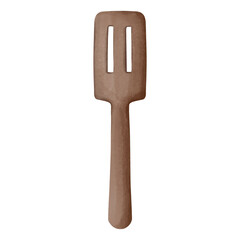 Wooden spatula watercolor illustration isolated on white background. Kitchen utensils Baking utensils. Flippers or turner. Natural Wood Material tool for cooking and baking